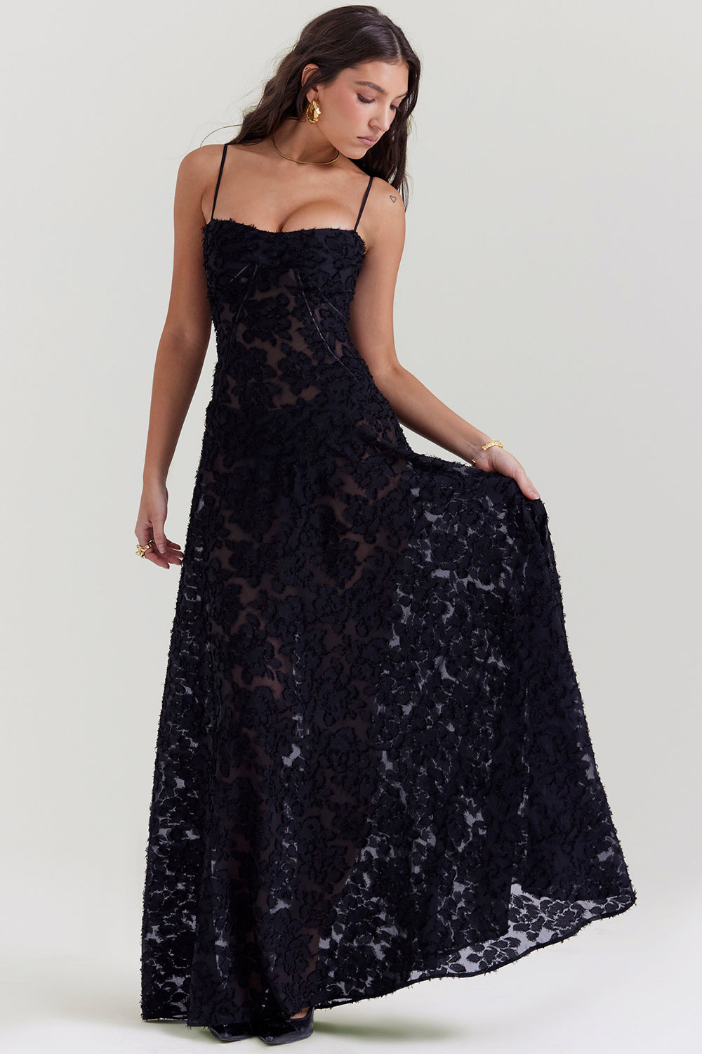 Dress for Women – Slim Fit Maxi Dress – Floral Appliqué – Lace Back – Formal Look