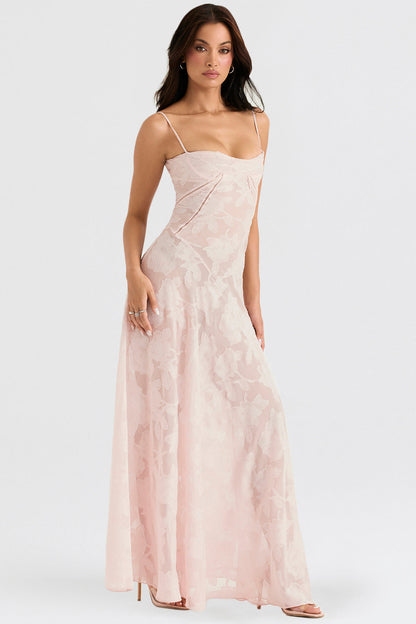 Dress for Women – Slim Fit Maxi Dress – Floral Appliqué – Lace Back – Formal Look