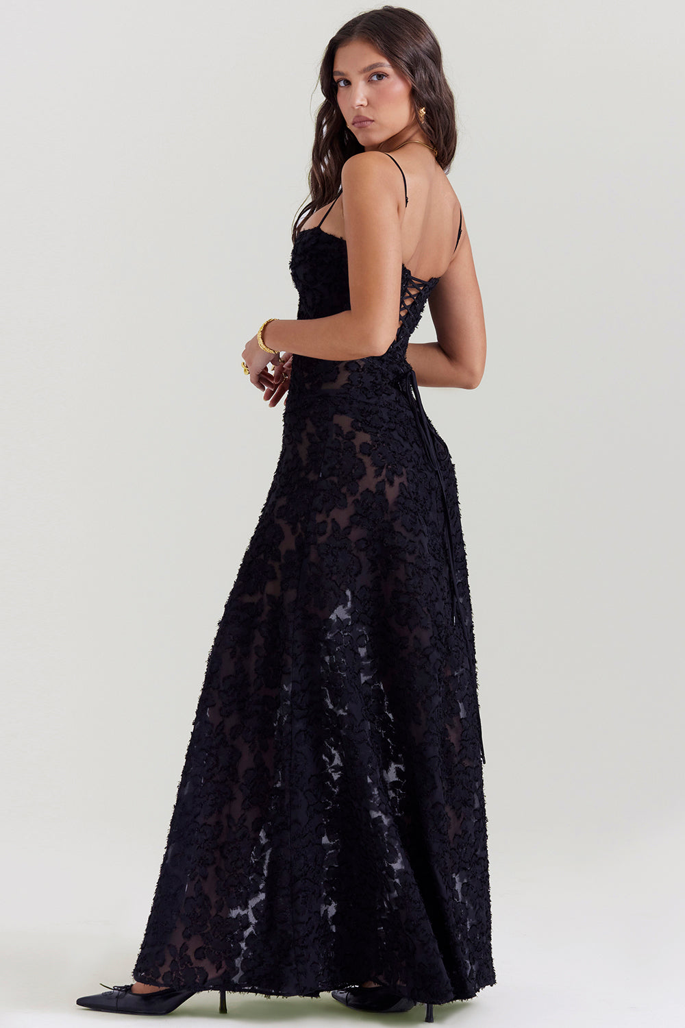 Dress for Women – Slim Fit Maxi Dress – Floral Appliqué – Lace Back – Formal Look