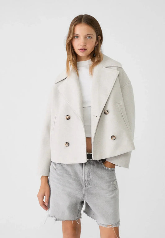 Isabella Wool Pea Coat Jacket | Double-Breasted Cropped Jacket