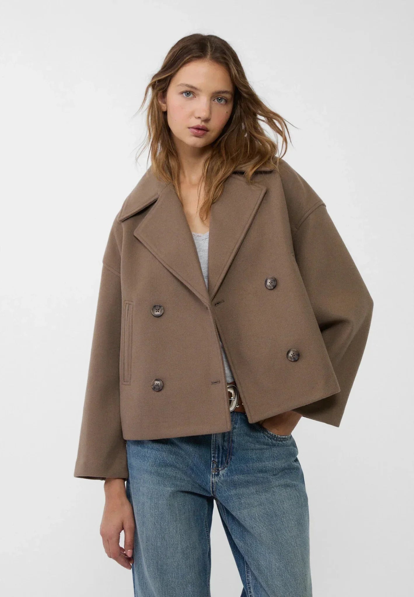 Isabella Wool Pea Coat Jacket | Double-Breasted Cropped Jacket