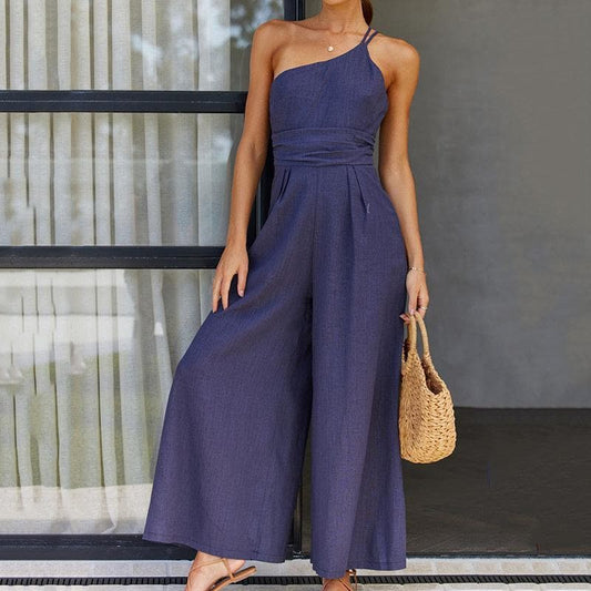 Dame Jumpsuit - One-Shoulder Design - Taljeret Pasform - Brede Ben - Elegant & Komfortabel