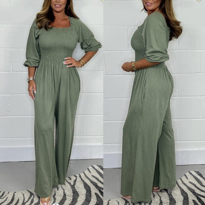 Women's Jumpsuit - Smock Top - Long Sleeves - Wide Legs - Soft and Comfortable