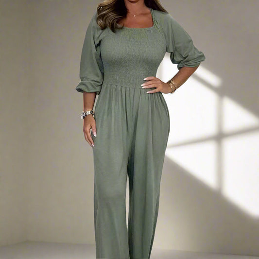 Women's Jumpsuit - Smock Top - Long Sleeves - Wide Legs - Soft and Comfortable
