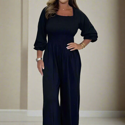 Women's Jumpsuit - Smock Top - Long Sleeves - Wide Legs - Soft and Comfortable