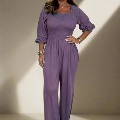 Women's Jumpsuit - Smock Top - Long Sleeves - Wide Legs - Soft and Comfortable