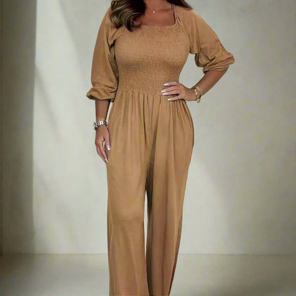 Women's Jumpsuit - Smock Top - Long Sleeves - Wide Legs - Soft and Comfortable