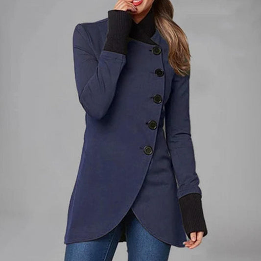 Women's Coat – Asymmetric Button Closure – High Collar – Long Sleeved – Elegant Fit