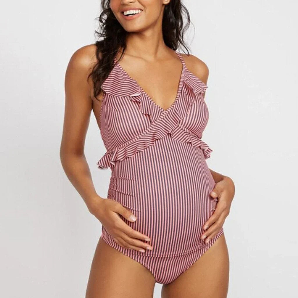 Maternity Swimsuit – Ruched Neckline – Striped – Cross Straps – Stretchable Comfort