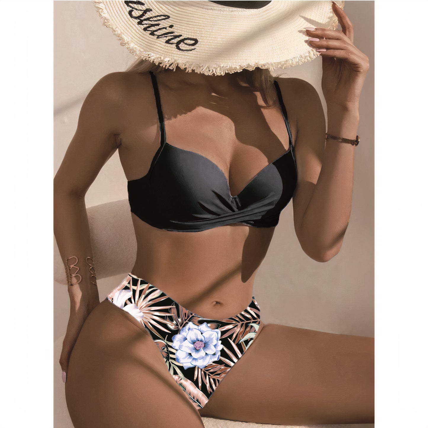 Women's Bikini Set – Tight Fit – Ruched Top – Adjustable Straps – Floral Bottom