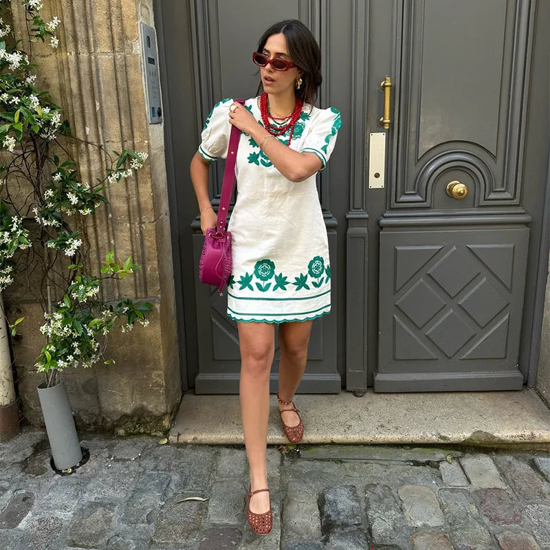 Dress for Women - Short Style - Round Neck - Embroidered Floral Design - Relaxed Fit