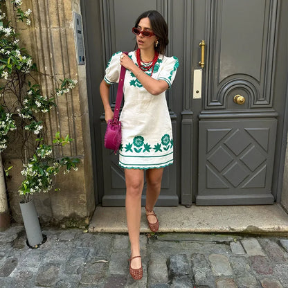 Dress for Women - Short Style - Round Neck - Embroidered Floral Design - Relaxed Fit