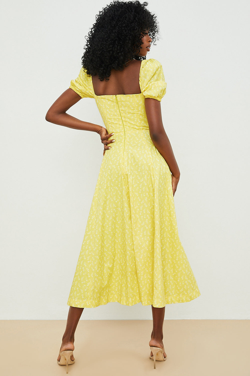 Women's Midi Dress – Breathable Mix – Ruched Bodice – Puff Sleeves – Square Neckline
