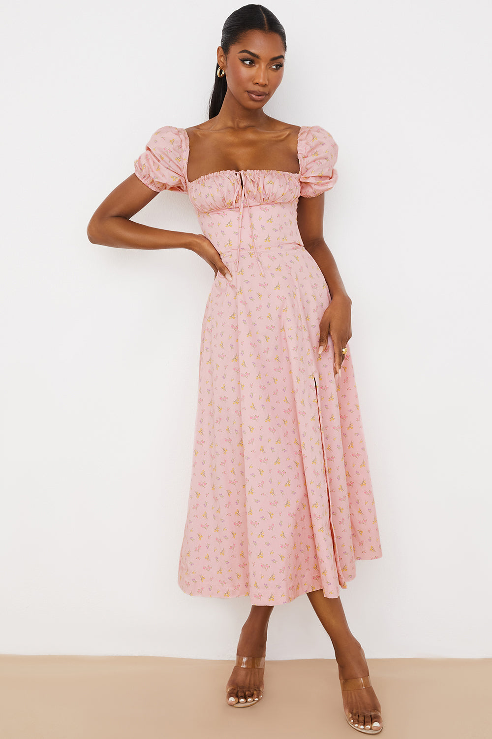Women's Midi Dress – Breathable Mix – Ruched Bodice – Puff Sleeves – Square Neckline