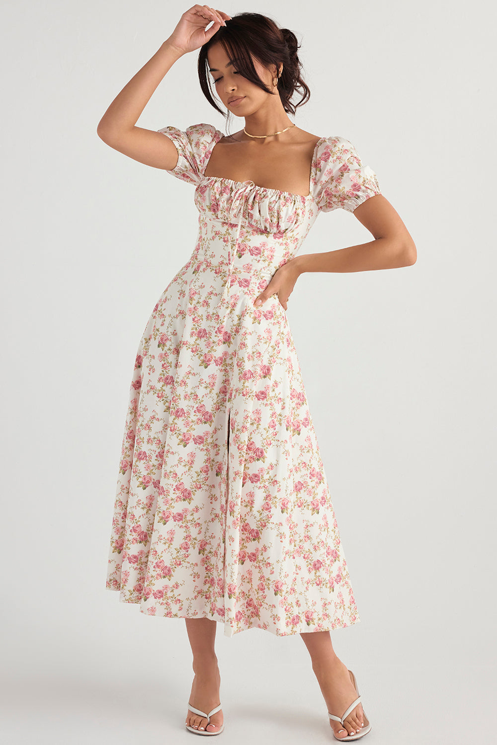 Women's Midi Dress – Breathable Mix – Ruched Bodice – Puff Sleeves – Square Neckline