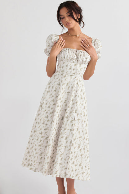 Women's Midi Dress – Breathable Mix – Ruched Bodice – Puff Sleeves – Square Neckline