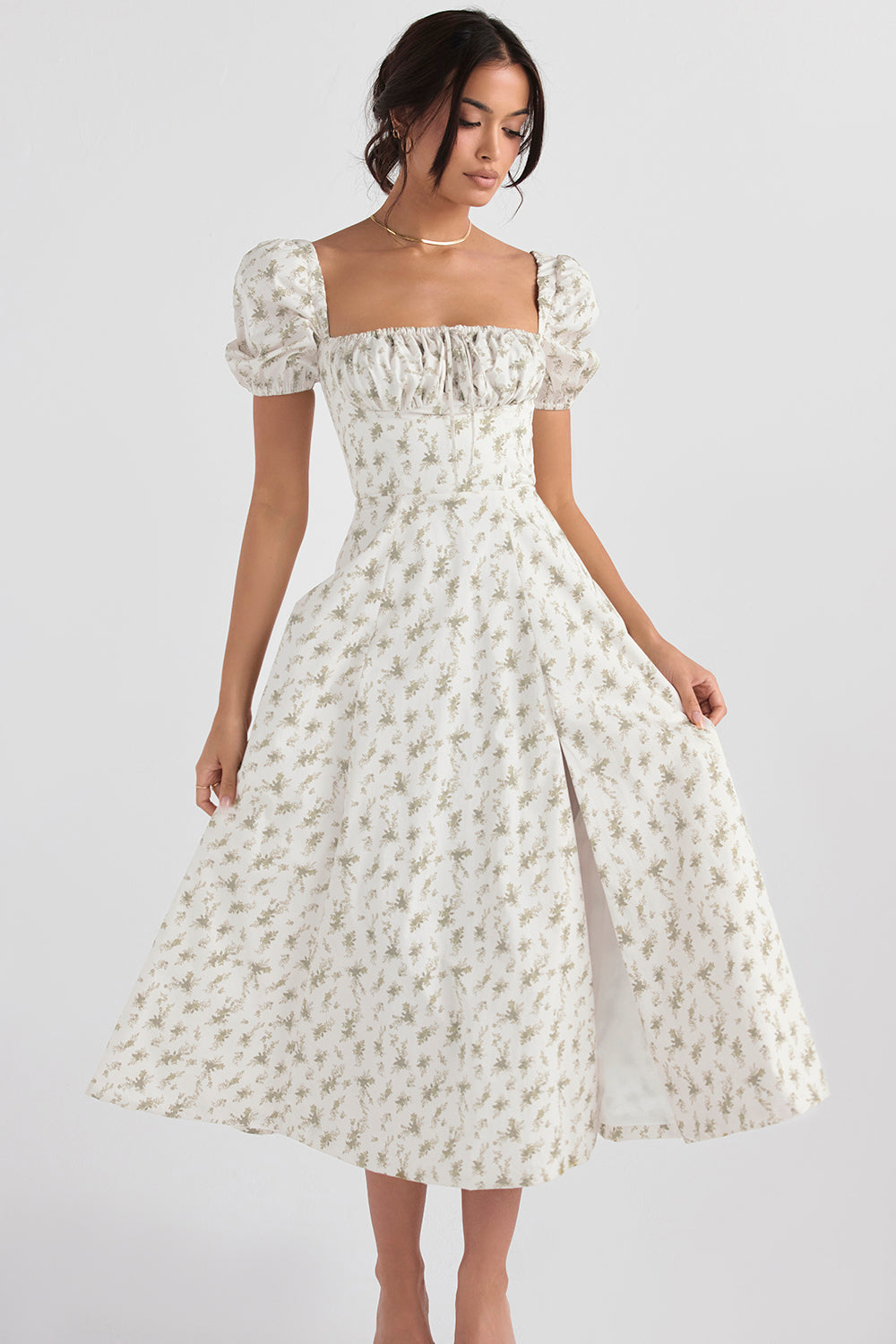 Women's Midi Dress – Breathable Mix – Ruched Bodice – Puff Sleeves – Square Neckline