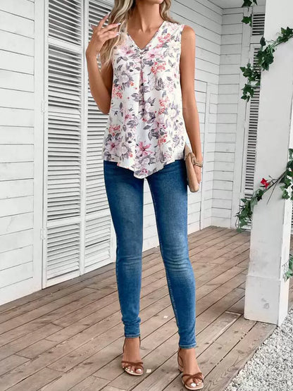 Dame Top - Ærmeløs V-hals - Blomstermønster - Let og Luftig Pasform