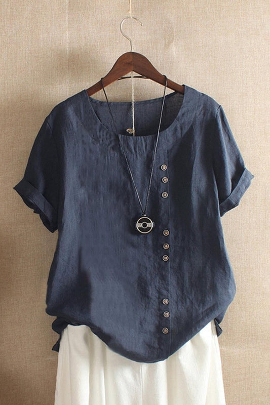 Women's Blouse – Relaxed Fit – Natural Fibers – Round Neck – Short Sleeves – Button Detail