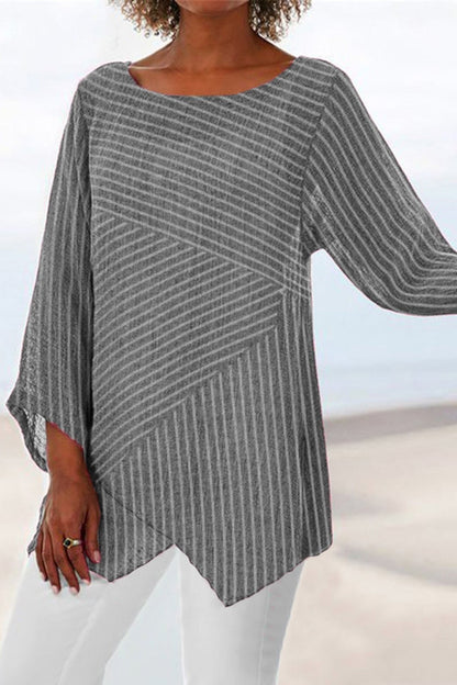 Women's Blouse – Relaxed Fit – Striped Pattern – Long Sleeves – Asymmetric Hem