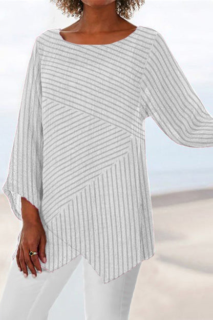 Women's Blouse – Relaxed Fit – Striped Pattern – Long Sleeves – Asymmetric Hem