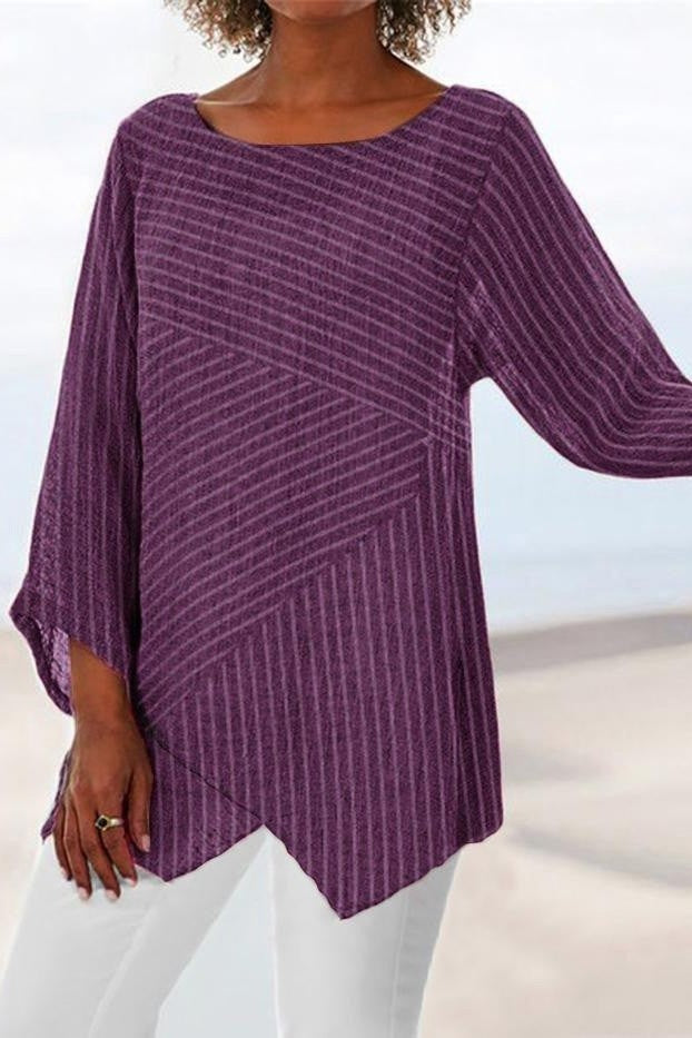 Women's Blouse – Relaxed Fit – Striped Pattern – Long Sleeves – Asymmetric Hem