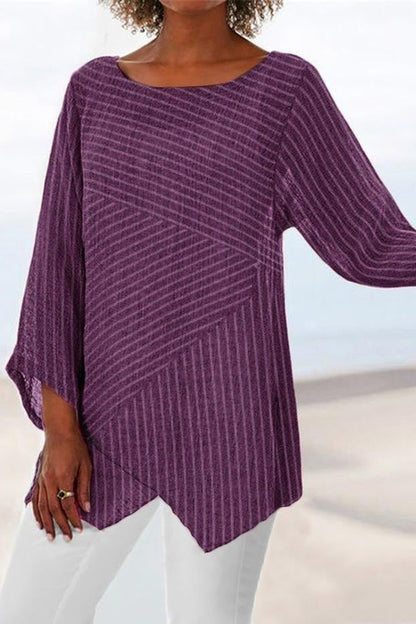 Women's Blouse – Relaxed Fit – Striped Pattern – Long Sleeves – Asymmetric Hem