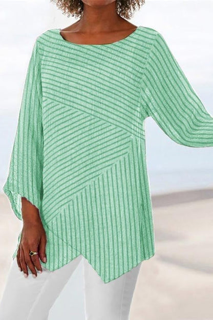 Women's Blouse – Relaxed Fit – Striped Pattern – Long Sleeves – Asymmetric Hem