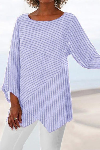 Women's Blouse – Relaxed Fit – Striped Pattern – Long Sleeves – Asymmetric Hem