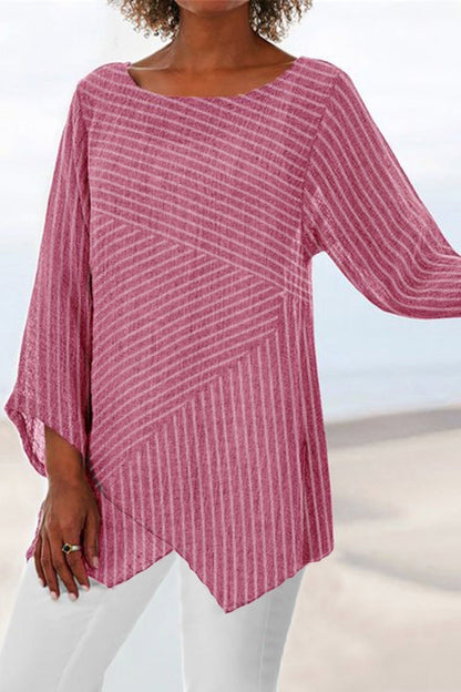 Women's Blouse – Relaxed Fit – Striped Pattern – Long Sleeves – Asymmetric Hem
