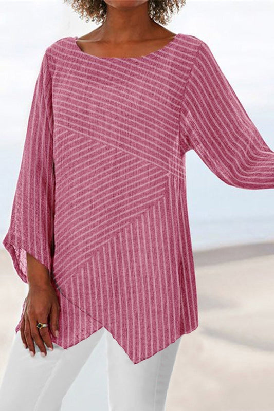 Women's Blouse – Relaxed Fit – Striped Pattern – Long Sleeves – Asymmetric Hem