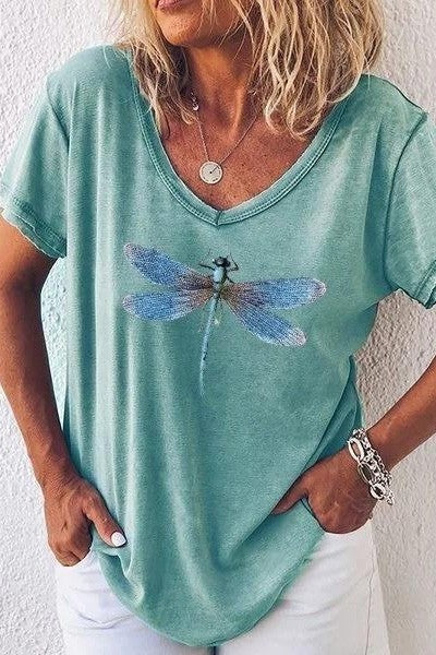 Women's T-shirt – V-neck – Dragonfly Print – Relaxed Fit – Short Sleeves
