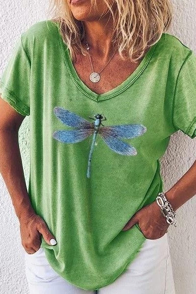 Women's T-shirt – V-neck – Dragonfly Print – Relaxed Fit – Short Sleeves