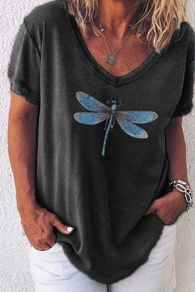 Women's T-shirt – V-neck – Dragonfly Print – Relaxed Fit – Short Sleeves
