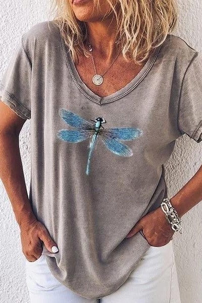 Women's T-shirt – V-neck – Dragonfly Print – Relaxed Fit – Short Sleeves