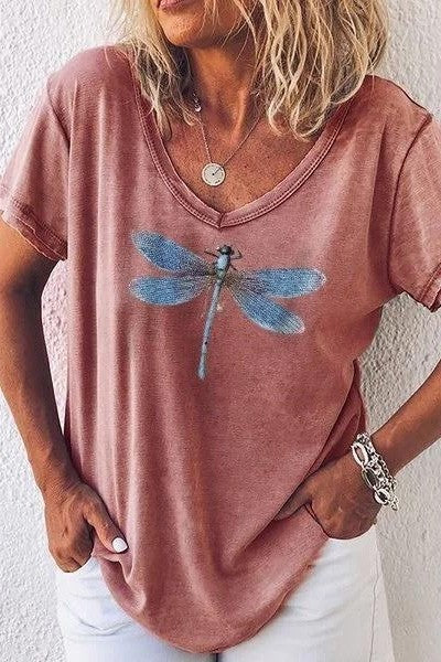 Women's T-shirt – V-neck – Dragonfly Print – Relaxed Fit – Short Sleeves