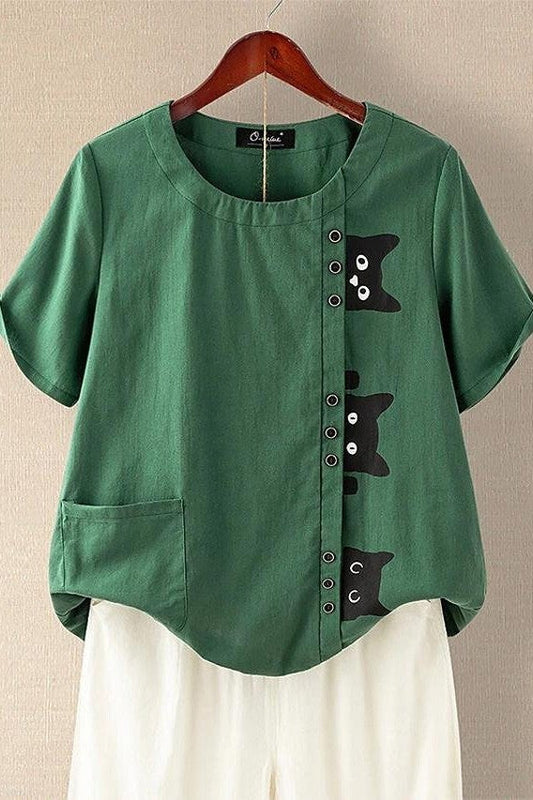 Women's T-shirt – Relaxed Fit – Soft Knit – Cat Print – Button Details – Round Neck