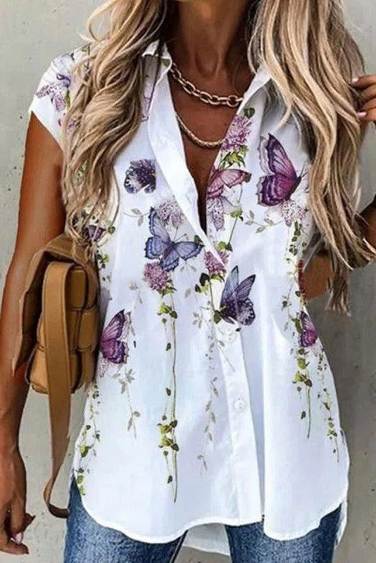 Women's Blouse – Relaxed Fit – Short Sleeves – Button Closure – Butterfly Print