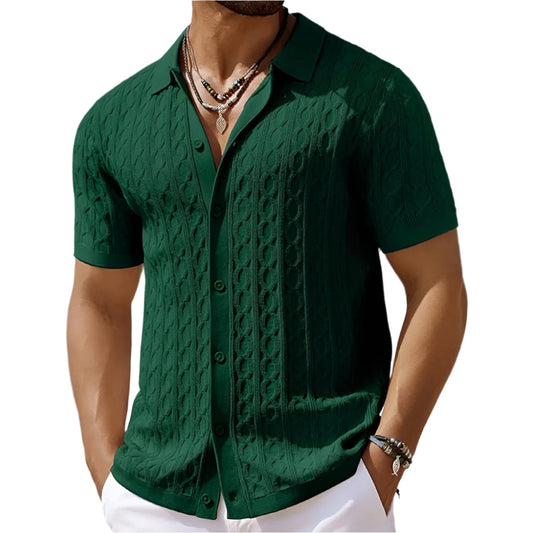 Men's Polo Shirt – Slim Fit – Jacquard Knit – Short-Sleeved – Button Closure Retro Style