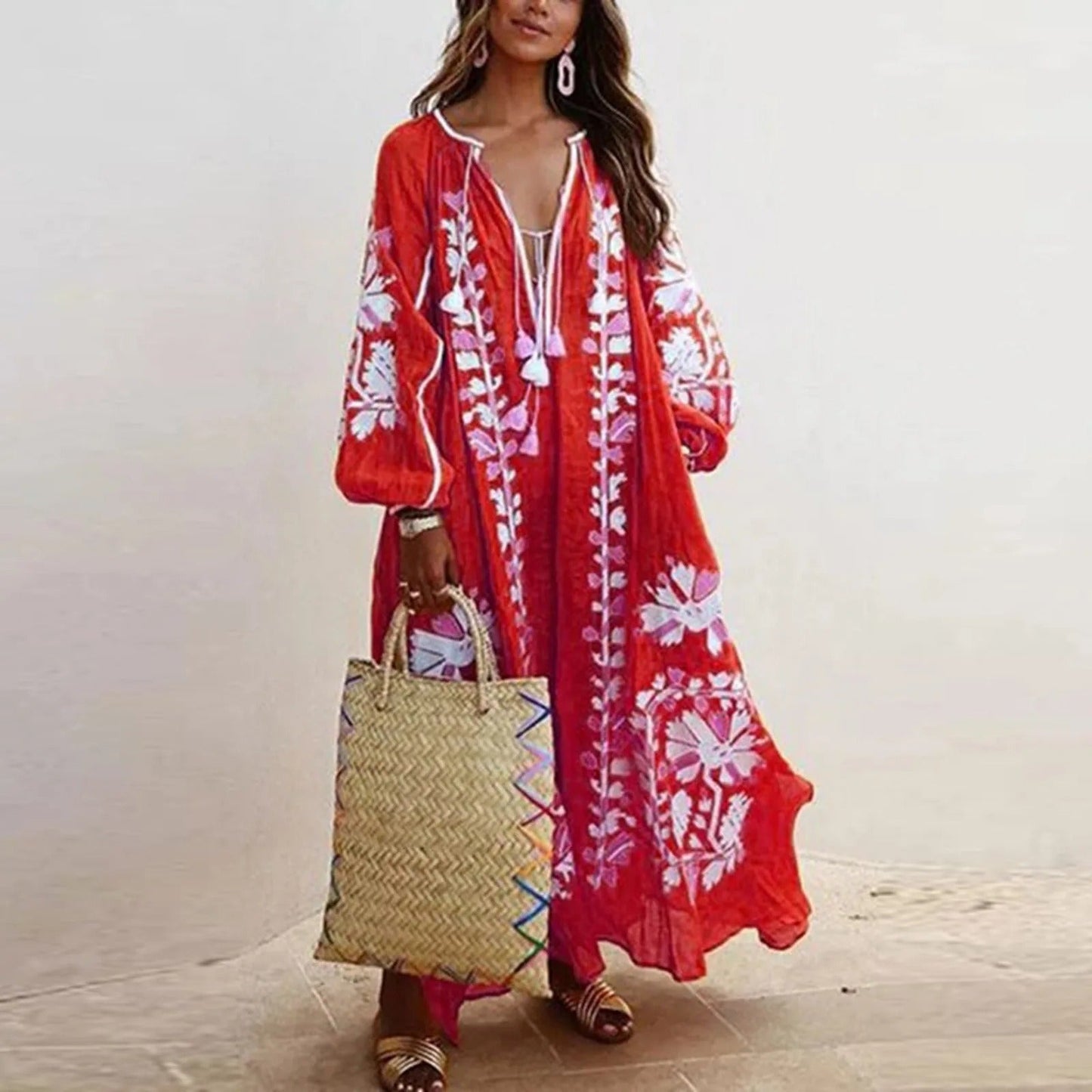 Women's Maxi Dress – Relaxed Fit – Embroidered Boho Style – Light and Breathable Quality