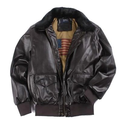 Men's Leather Jacket – Regular Fit – Zipper – Flap Pockets – Ribbed Cuffs – Fur Collar