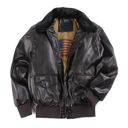 Men's Leather Jacket – Regular Fit – Zipper – Flap Pockets – Ribbed Cuffs – Fur Collar