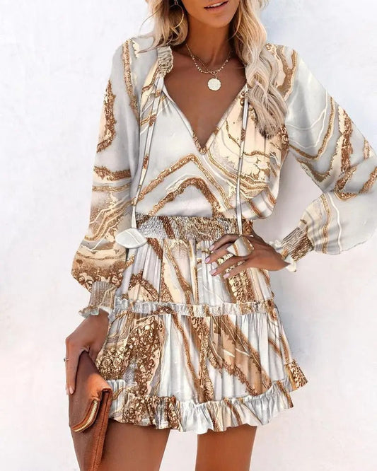 Women's Dress - V-neck with Tie - Long Sleeves - Smocked Waist - Ruched Mini Skirt