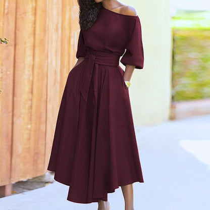 Women's Dress - Off-Shoulder - Waistband - A-Line - Elegant Midi Length