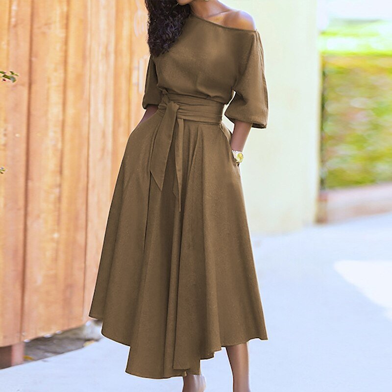 Women's Dress - Off-Shoulder - Waistband - A-Line - Elegant Midi Length