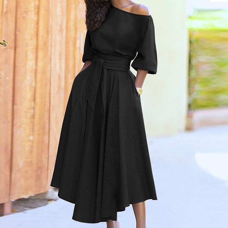 Women's Dress - Off-Shoulder - Waistband - A-Line - Elegant Midi Length