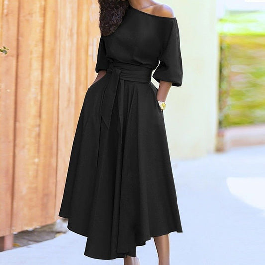 Women's Dress - Off-Shoulder - Waistband - A-Line - Elegant Midi Length