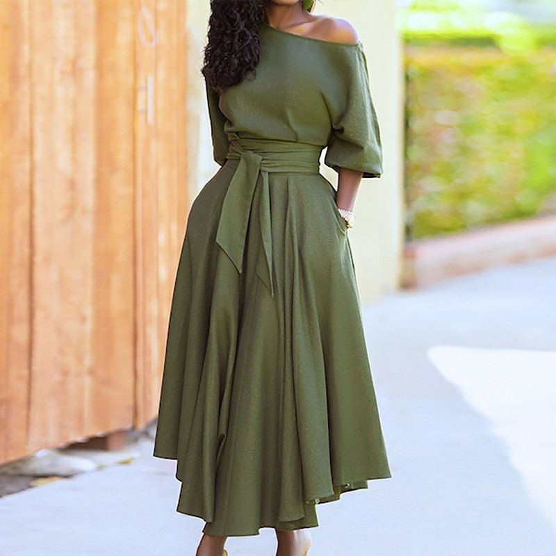 Women's Dress - Off-Shoulder - Waistband - A-Line - Elegant Midi Length