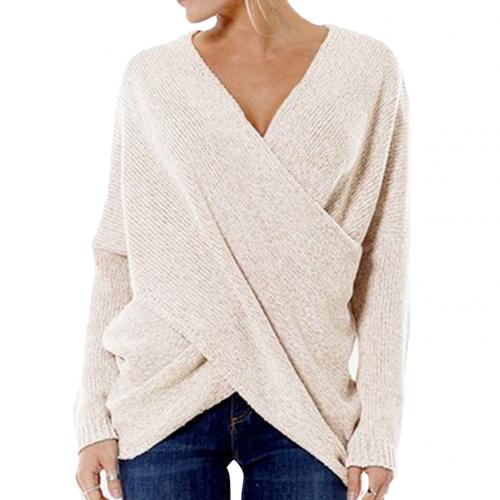 Women's Pullover Sweater – Ribbed Knit – Relaxed Fit – Long-Sleeved V-Neck Cross Design