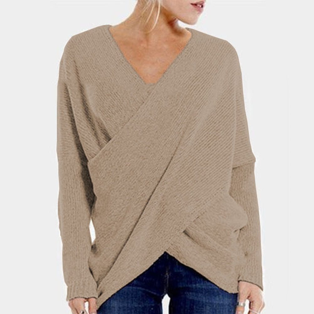 Women's Pullover Sweater – Ribbed Knit – Relaxed Fit – Long-Sleeved V-Neck Cross Design